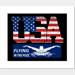 Vintage Flying In Pool USA Flag Swimming World Record 2021 Posters and Art